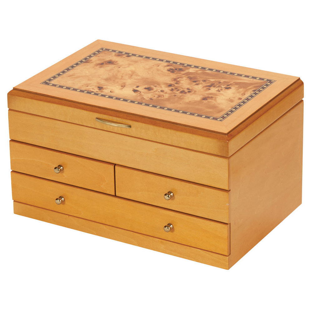 EXTRA LARGE "KEIRA" OAK WOOD FINISH WOODEN INLAID JEWELLERY BOX BY LIONITE MELE
