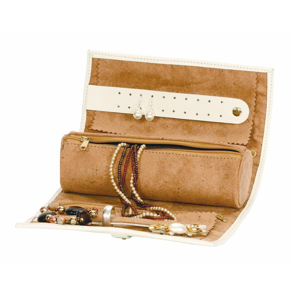 CREAM BONDED LEATHER JEWELLERY STORAGE TRAVEL ROLL CASE JEWEL BOX BY
