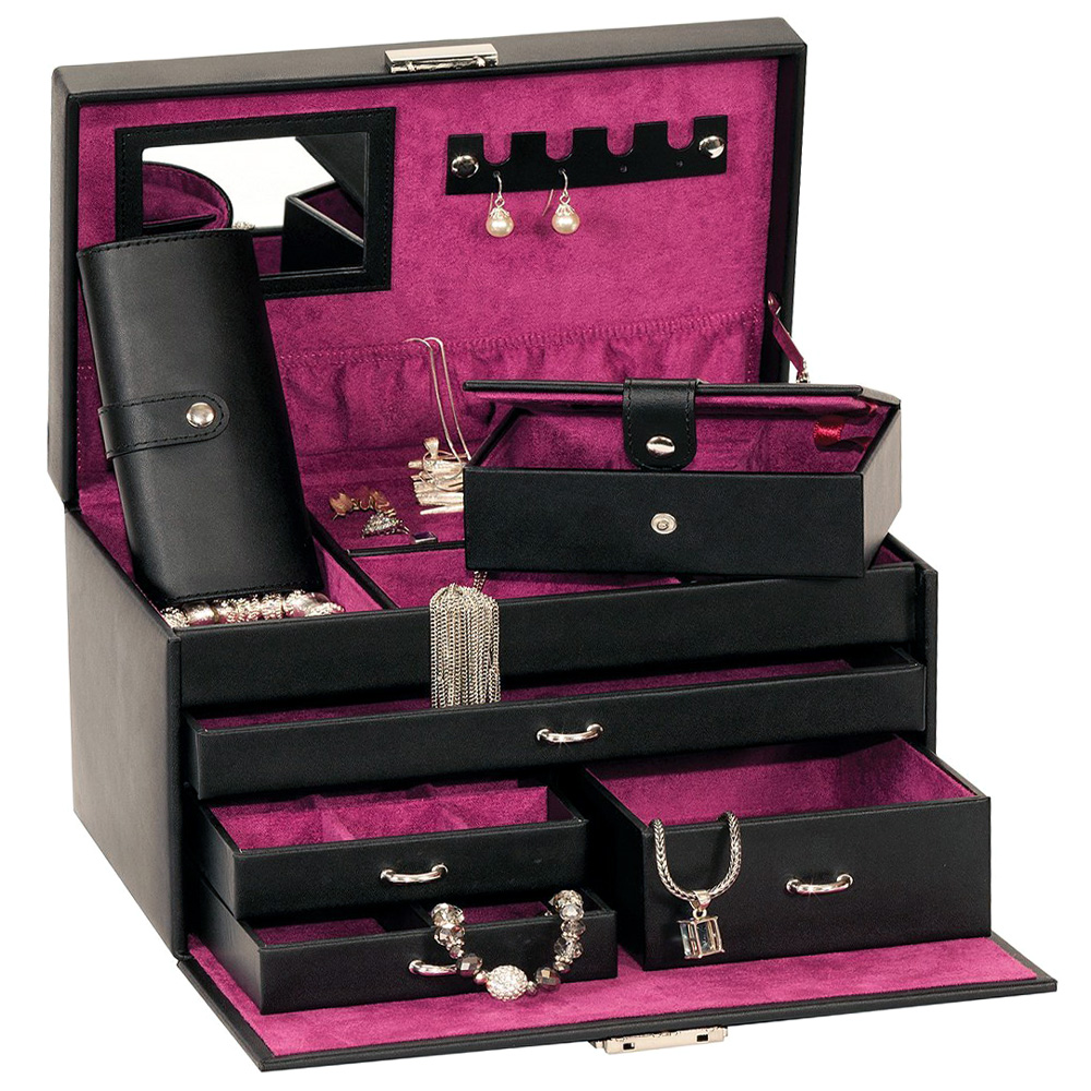 LARGE BLACK & PINK BONDED LEATHER JEWELLERY BOX WITH TRAVEL CASE