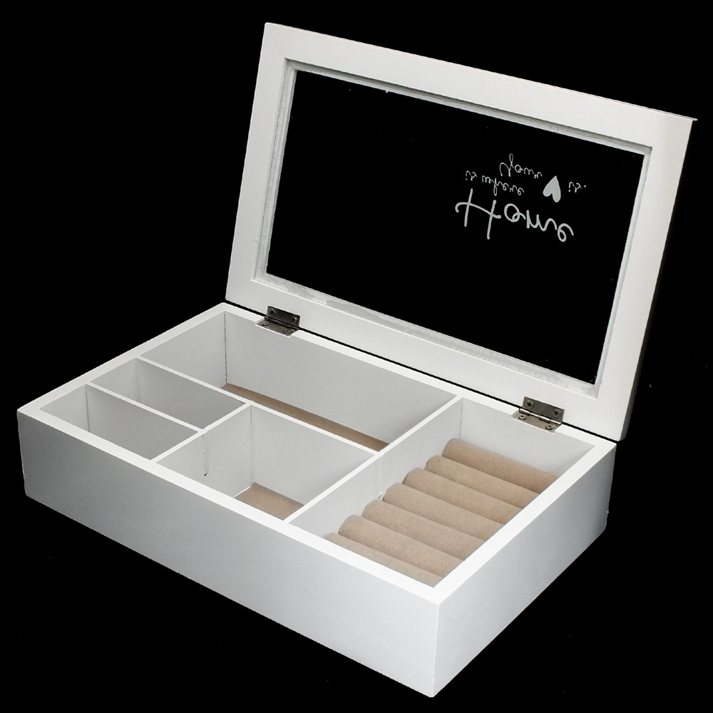 WHITE WOODEN JEWELLERY + RING TRINKET BOX CASE GLASS LID HOME IS WHERE