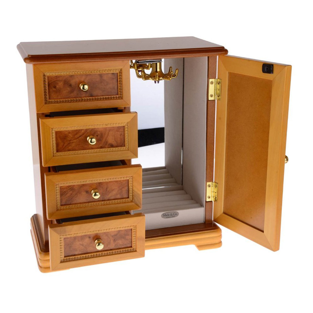 MELE OAK WOOD FINISH WOODEN JEWELLERY BOX ORIENTAL ROSE DESIGN JEWELRY